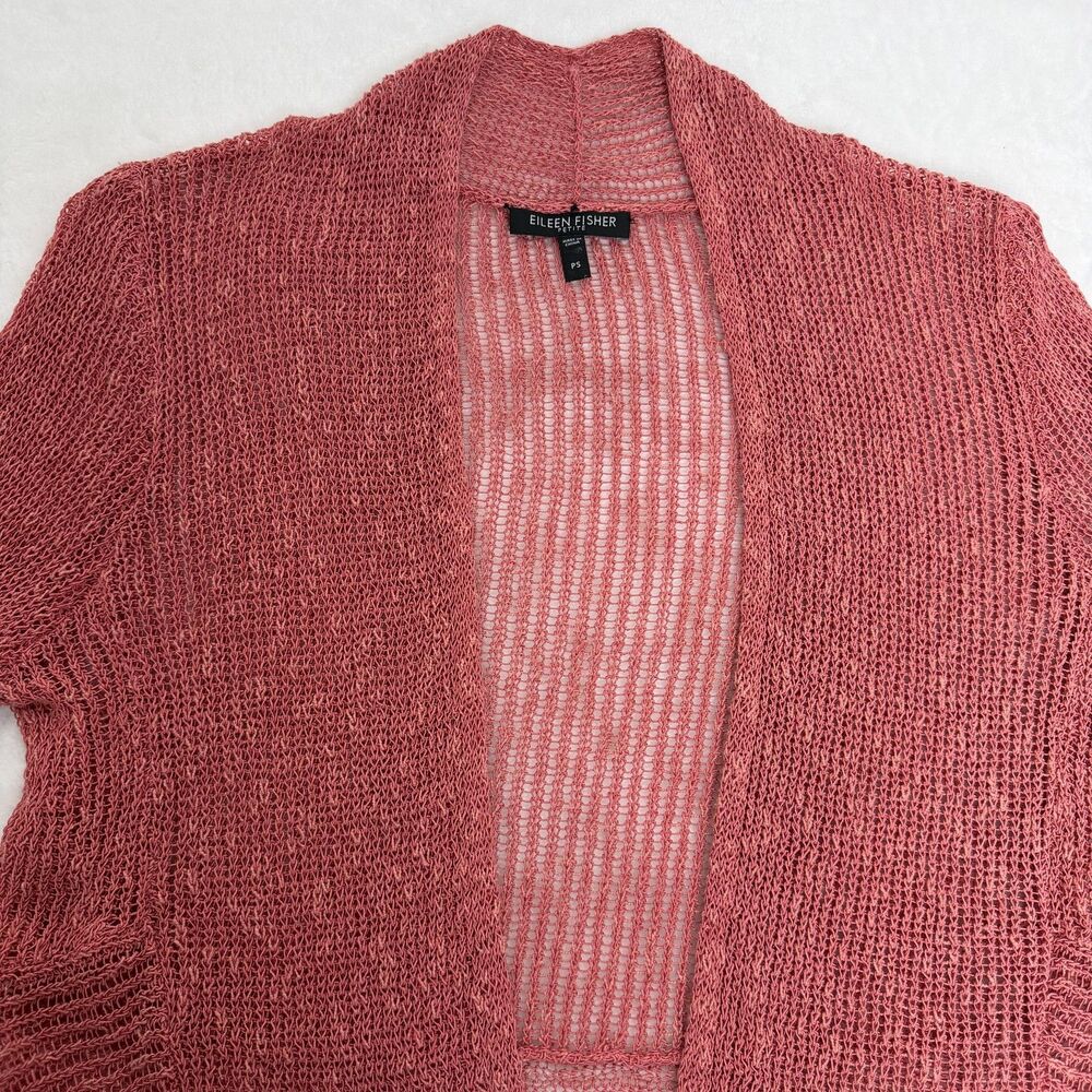 Eileen Fisher Sweater Cardigan Womens Petite PS Pink Open Knit Ruffle Hem